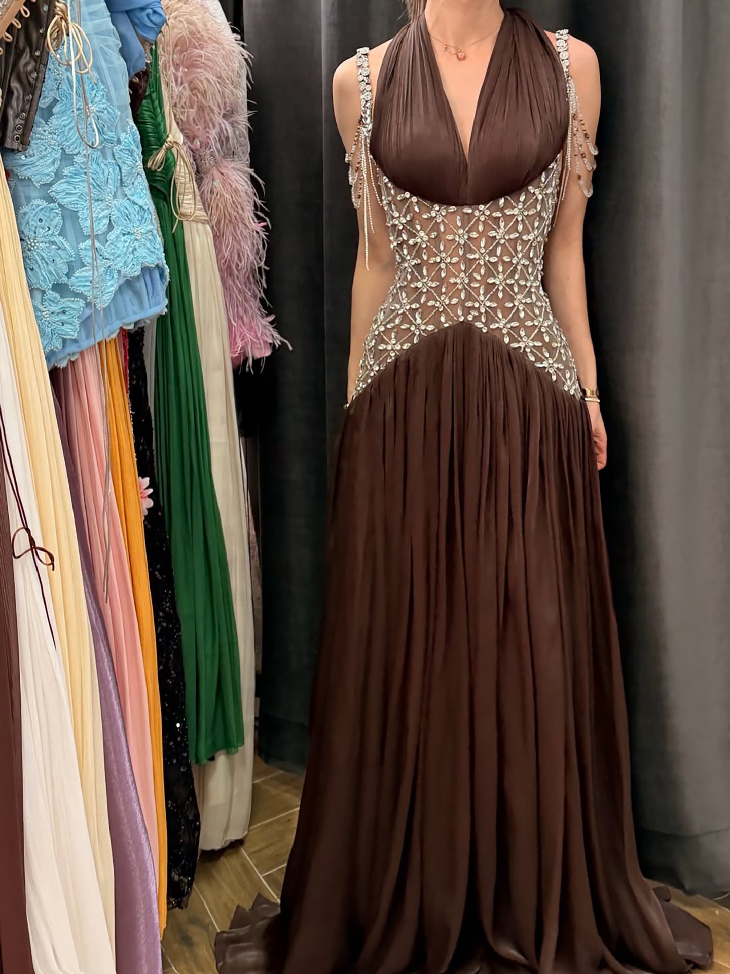 Turquoise Halter Neck Beaded Corset A-Line Evening Dress LA73421