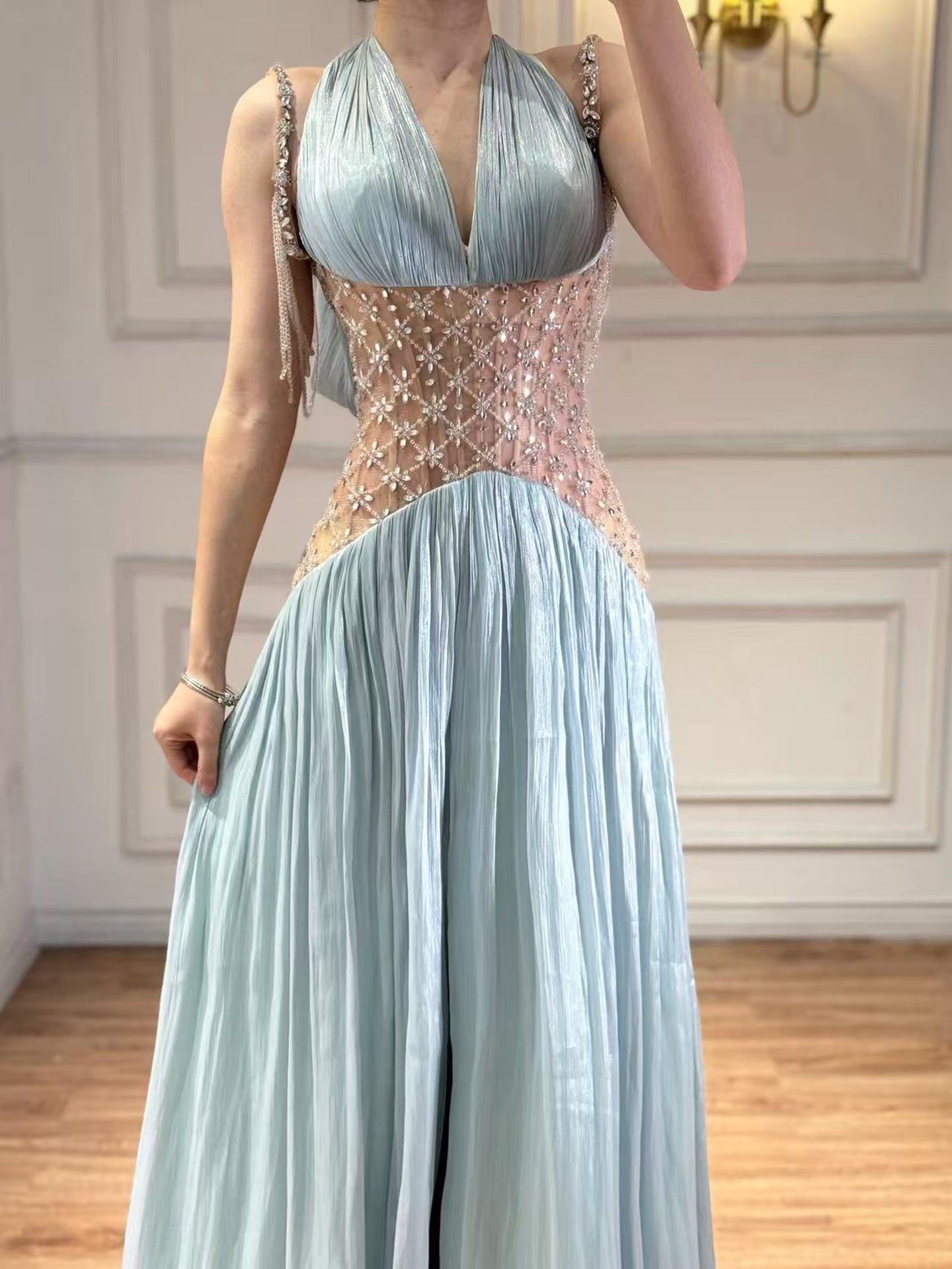 Turquoise Halter Neck Beaded Corset A-Line Evening Dress LA73421