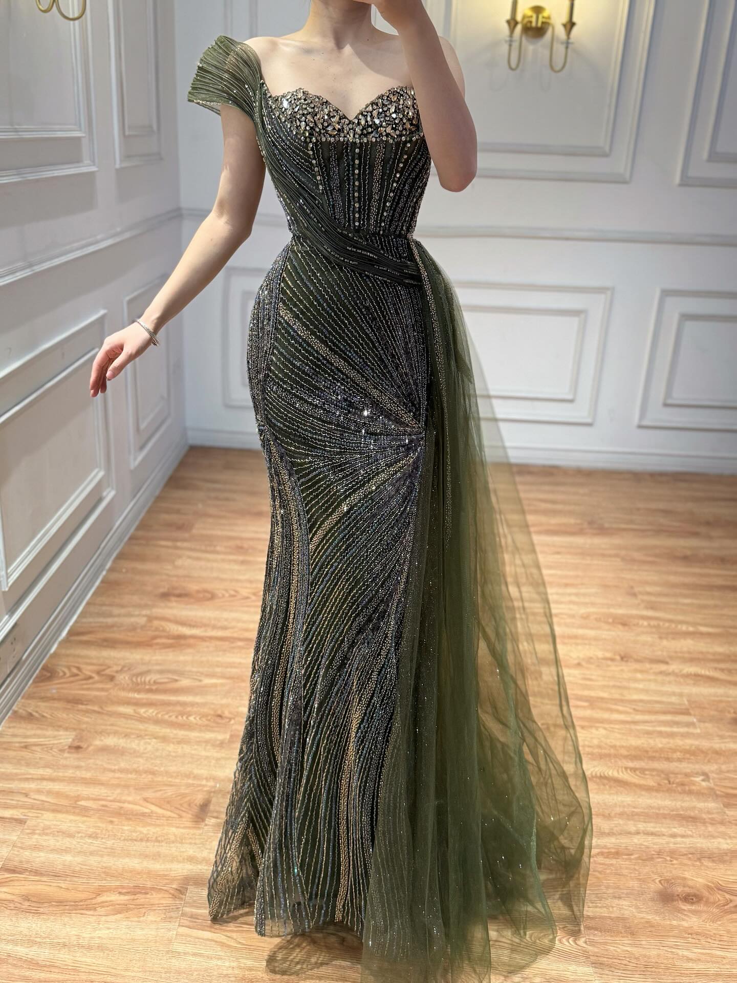 Luxury Blue Crystal Beaded Mermaid Evening Dress Party Gown LA73425