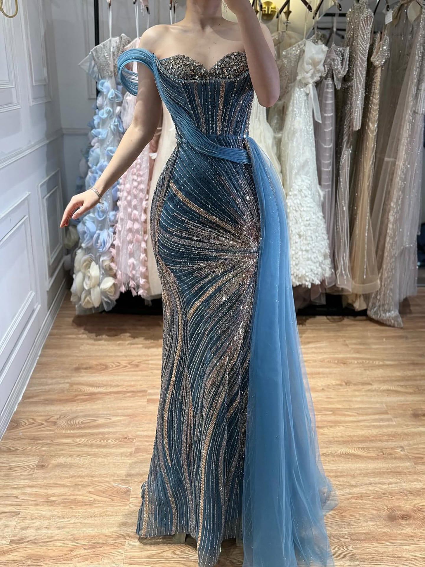 Luxury Blue Crystal Beaded Mermaid Evening Dress Party Gown LA73425