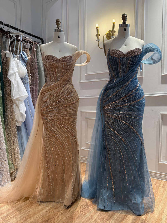 Nude One Shoulder Beaded Mermaid Evening Dress with Siderskirt LA73425B