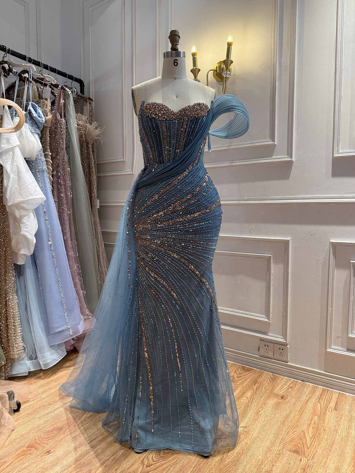 Luxury Nude Beaded Mermaid Evening Dress With Overskirt LA73425B