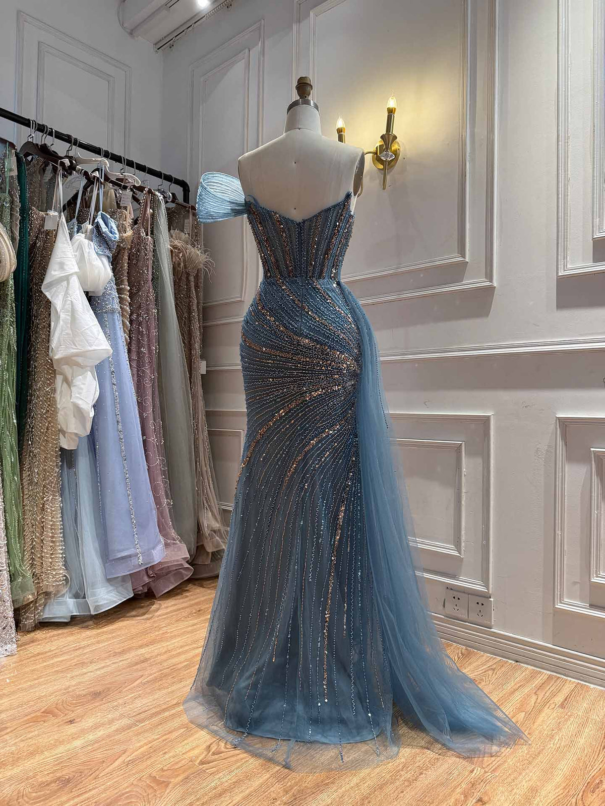 Luxury Nude Beaded Mermaid Evening Dress With Overskirt LA73425B