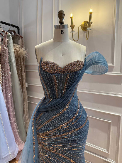 Luxury Nude Beaded Mermaid Evening Dress With Overskirt LA73425B