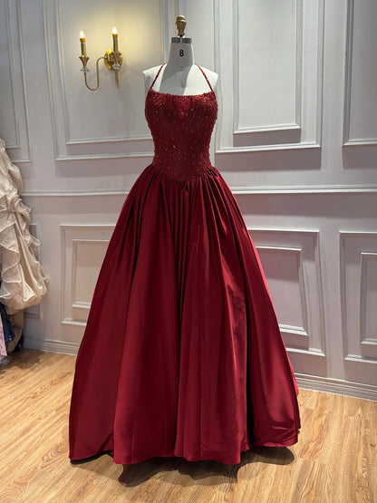 Luxury Gold Beaded Halter Evening Dress Ball Gown for Gala LA73441