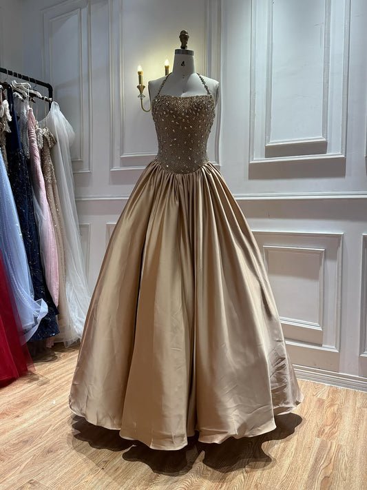 Luxury Gold Beaded Halter Evening Dress Ball Gown for Gala LA73441