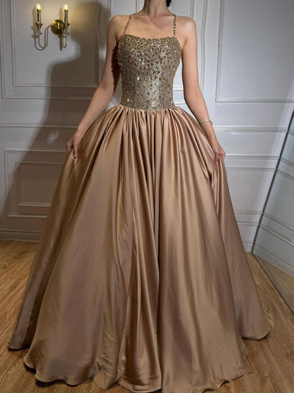 Gold Diamond Beaded Halter Evening Dress Ball Gown LA73441