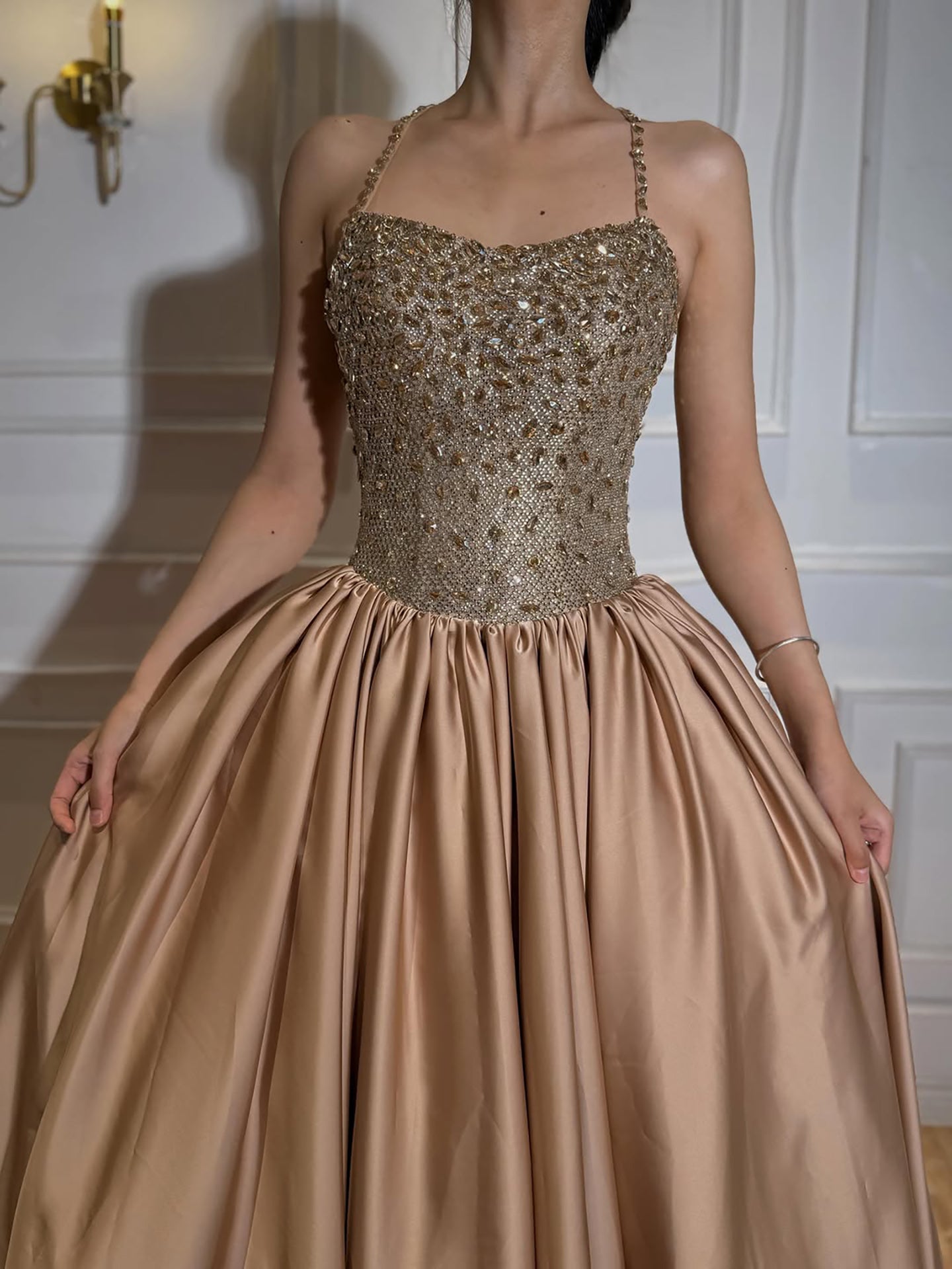 Gold Diamond Beaded Halter Evening Dress Ball Gown LA73441