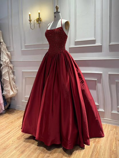 Luxury Gold Beaded Halter Evening Dress Ball Gown for Gala LA73441