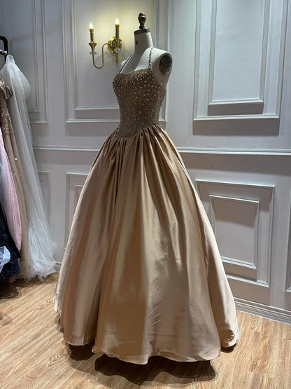 Luxury Gold Beaded Halter Evening Dress Ball Gown for Gala LA73441