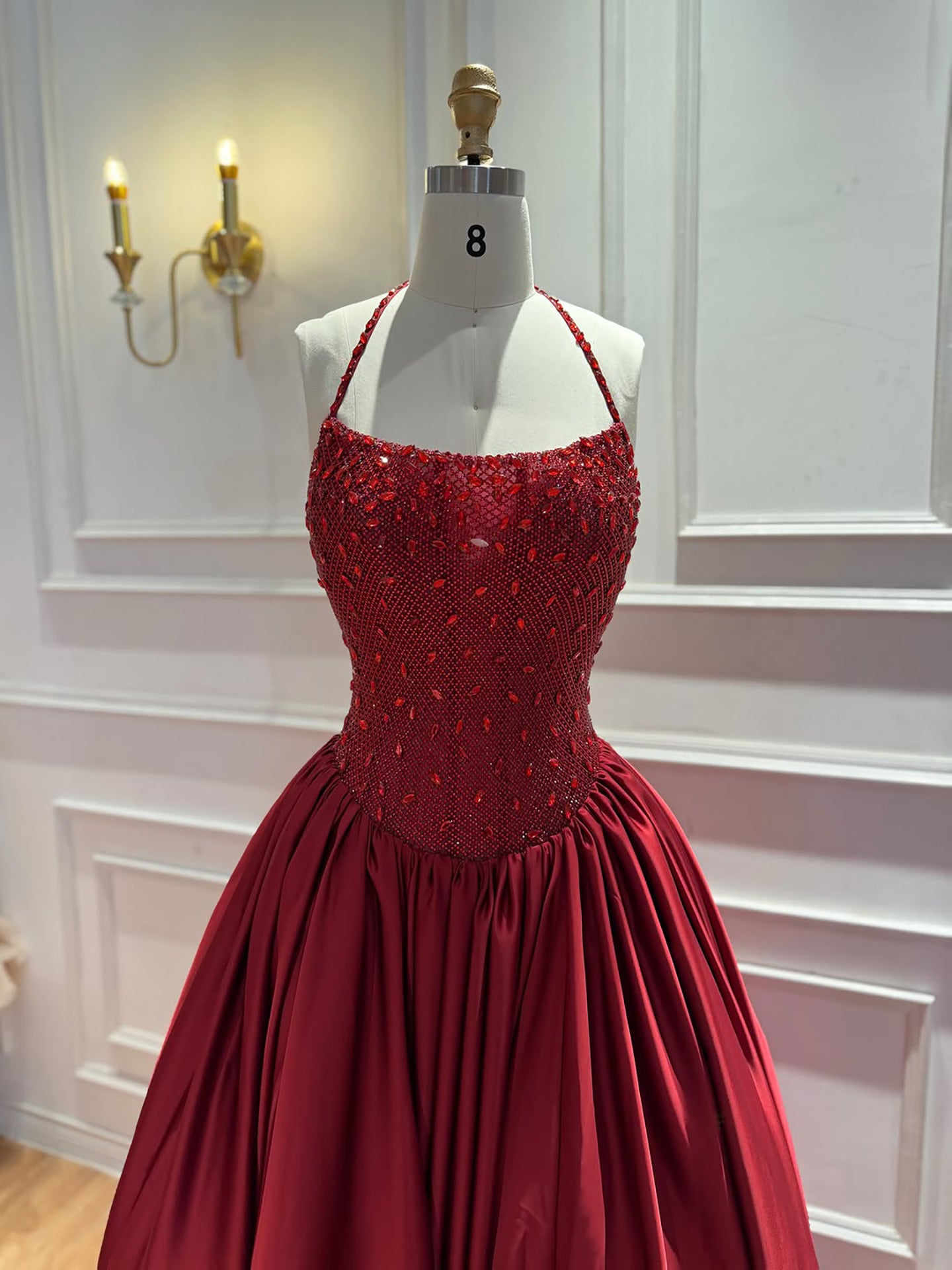 Luxury Gold Beaded Halter Evening Dress Ball Gown for Gala LA73441
