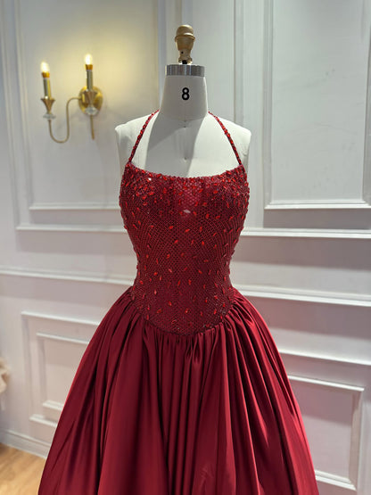 Luxury Gold Beaded Halter Evening Dress Ball Gown for Gala LA73441