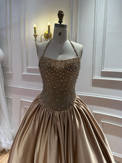Luxury Gold Beaded Halter Evening Dress Ball Gown for Gala LA73441