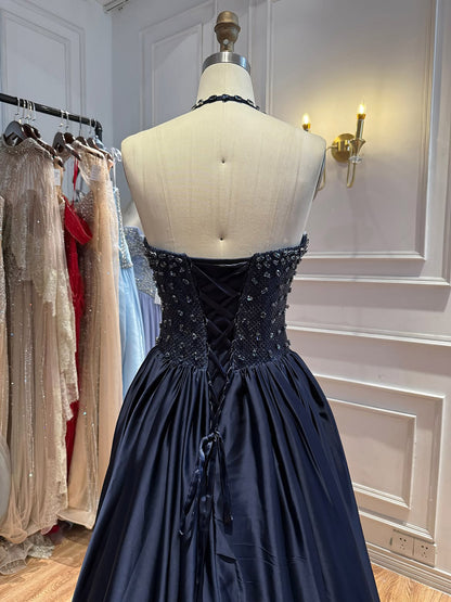 Gold Halter Beaded Bodice Evening Dress Ball Gown for Gala LA73441