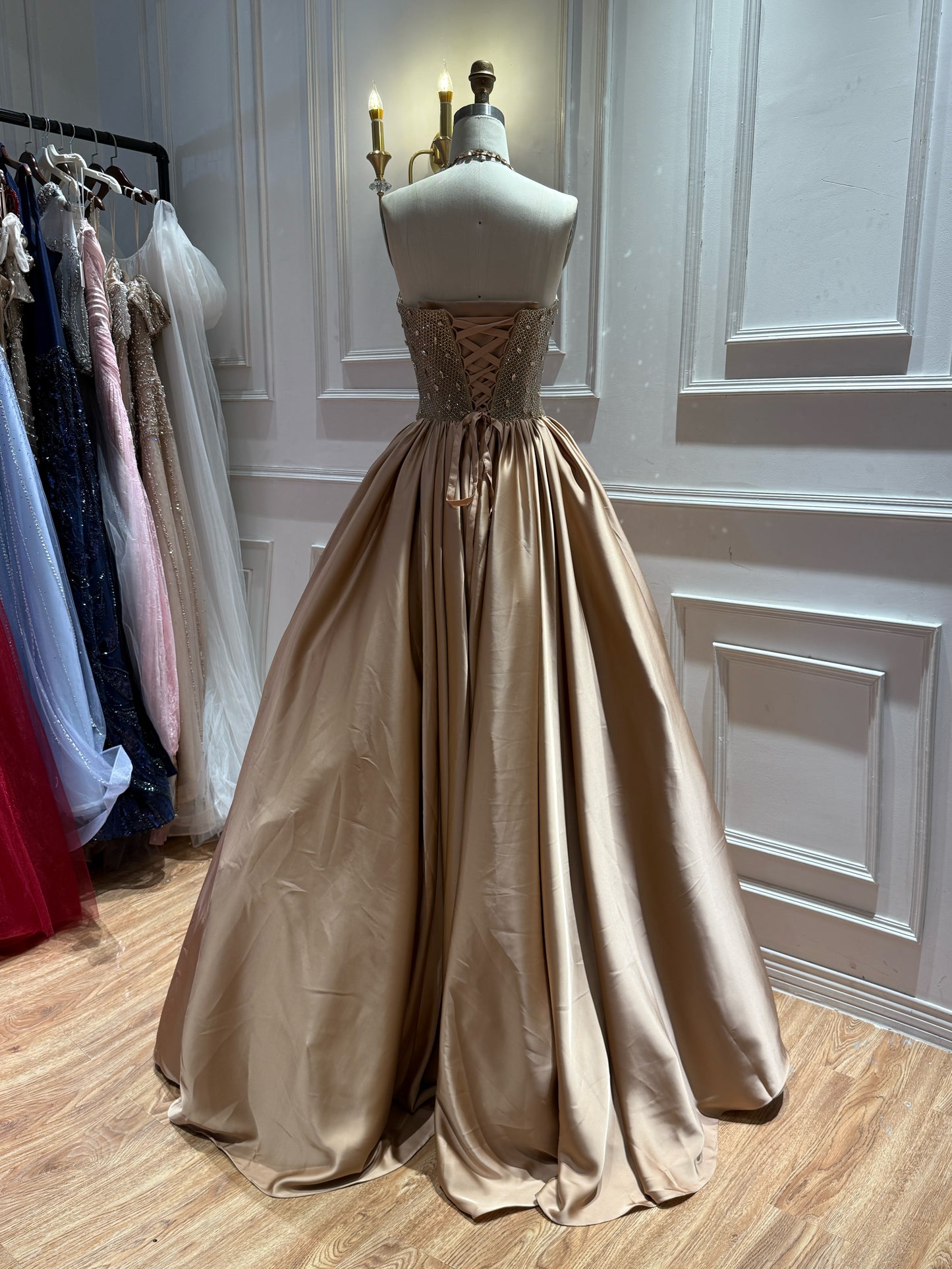 Luxury Gold Beaded Halter Evening Dress Ball Gown for Gala LA73441
