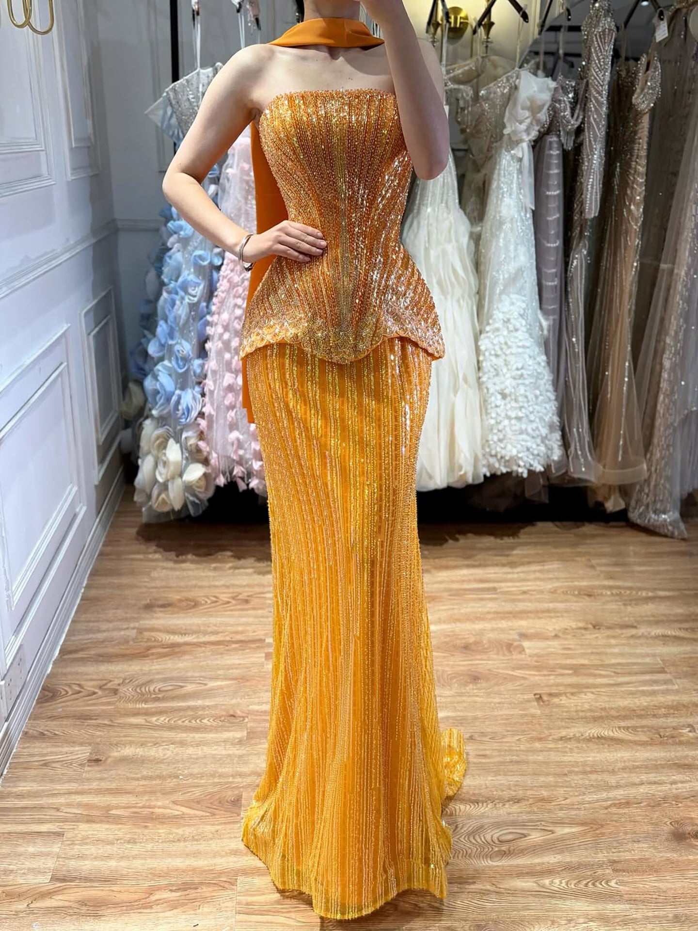 Brown Arabic Style Strapless Beaded Evening Dress with Scraf LA73444
