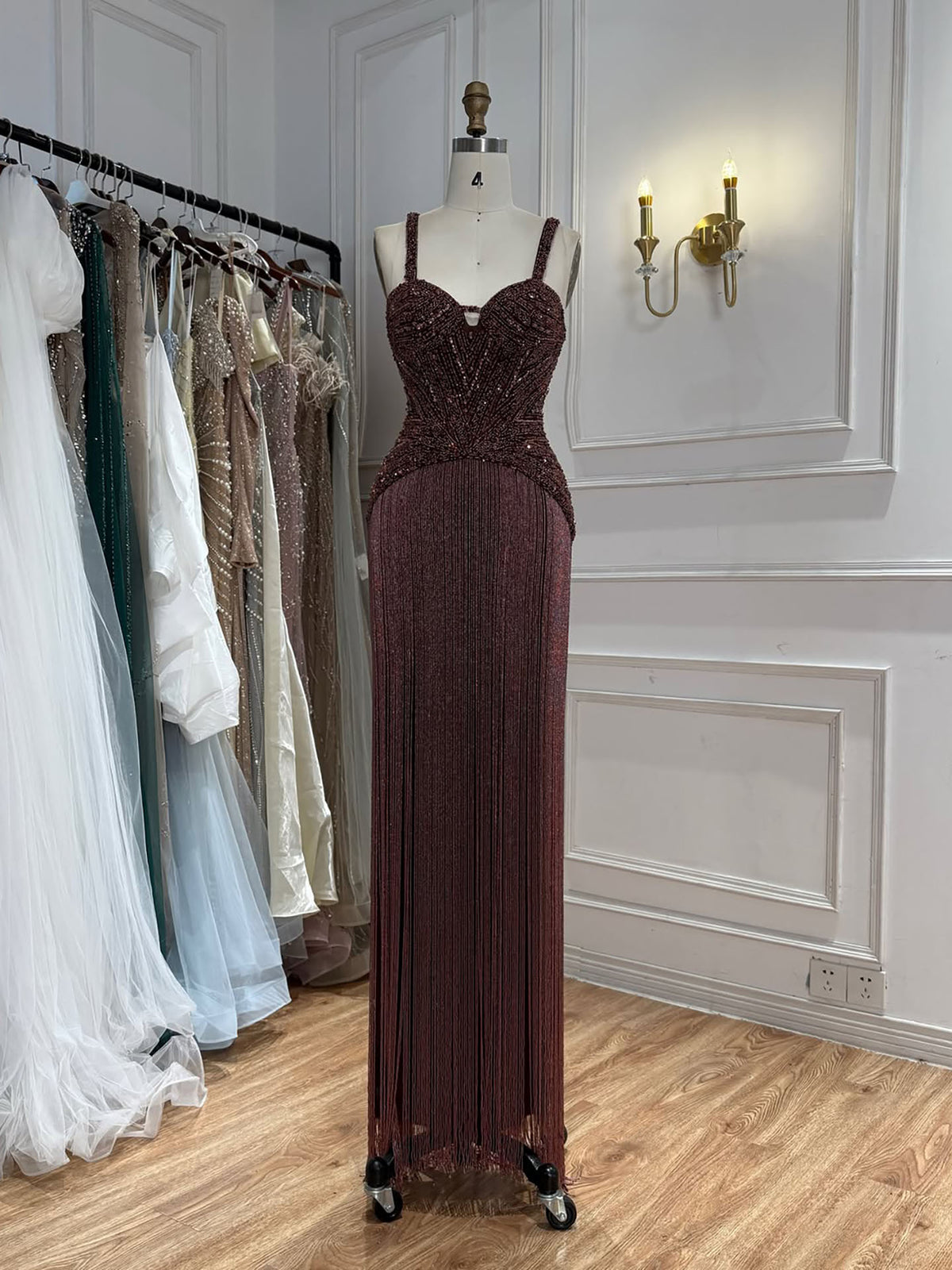 Gold Beaded Sweetheart Lebanon Fashion Formal Evening Dress with Tassel Fringe LA73446