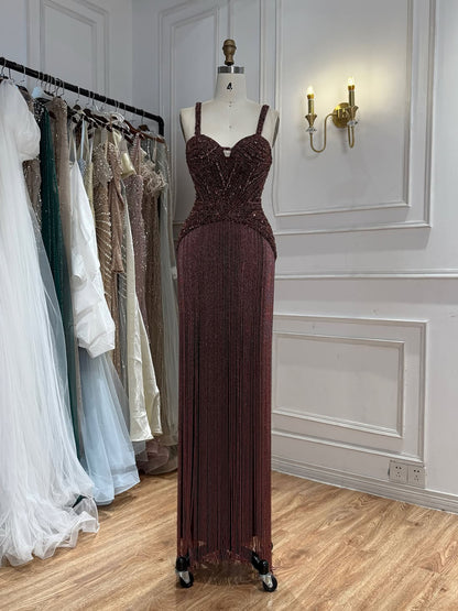 Gold Beaded Sweetheart Lebanon Fashion Formal Evening Dress with Tassel Fringe LA73446