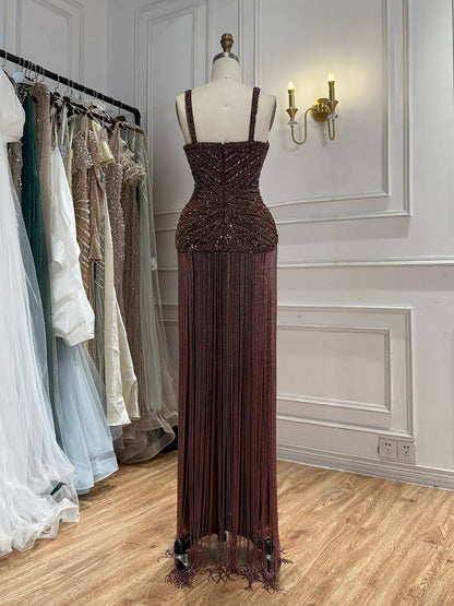 Gold Beaded Sweetheart Lebanon Fashion Formal Evening Dress with Tassel Fringe LA73446