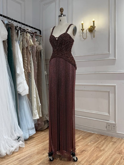 Gold Beaded Sweetheart Lebanon Fashion Formal Evening Dress with Tassel Fringe LA73446