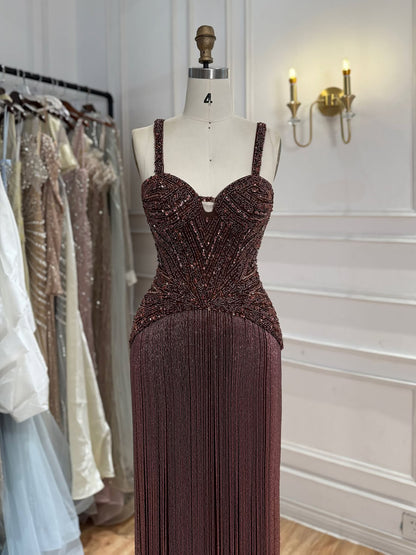 Gold Beaded Sweetheart Lebanon Fashion Formal Evening Dress with Tassel Fringe LA73446