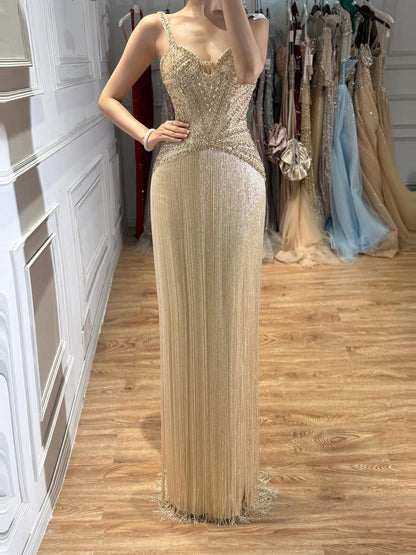 Luxury Arabic Gold Mermaid Beaded Tassel Evening Dress LA73446