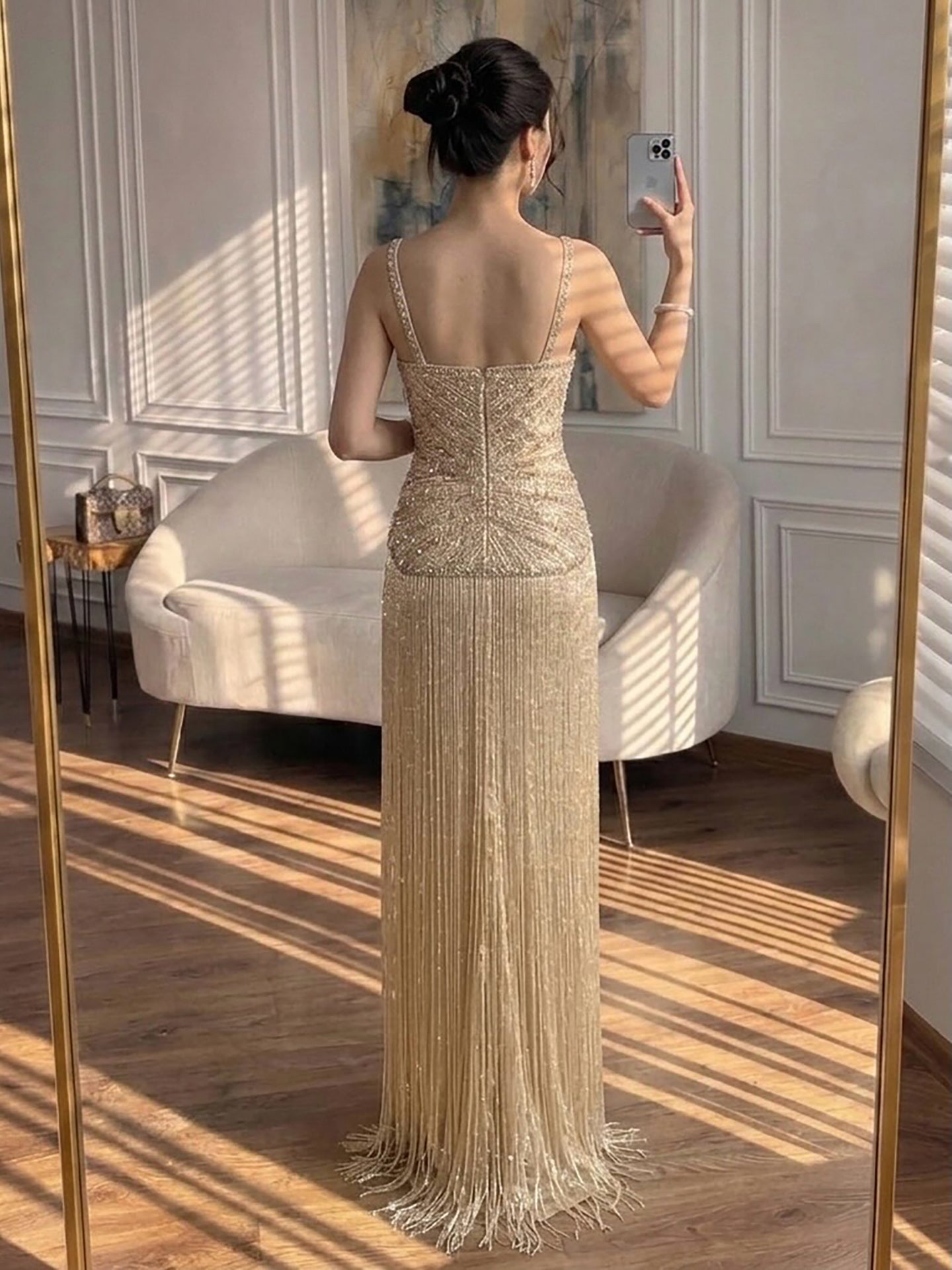 Luxury Arabic Gold Mermaid Beaded Tassel Evening Dress LA73446