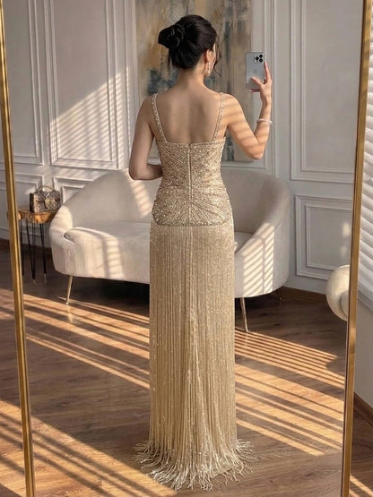 Luxury Arabic Gold Mermaid Beaded Tassel Evening Dress LA73446