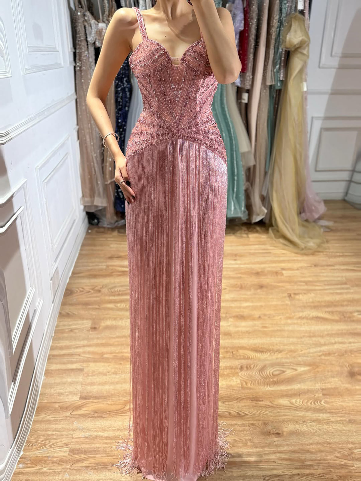Gold Beaded Sweetheart Lebanon Fashion Formal Evening Dress with Tassel Fringe LA73446