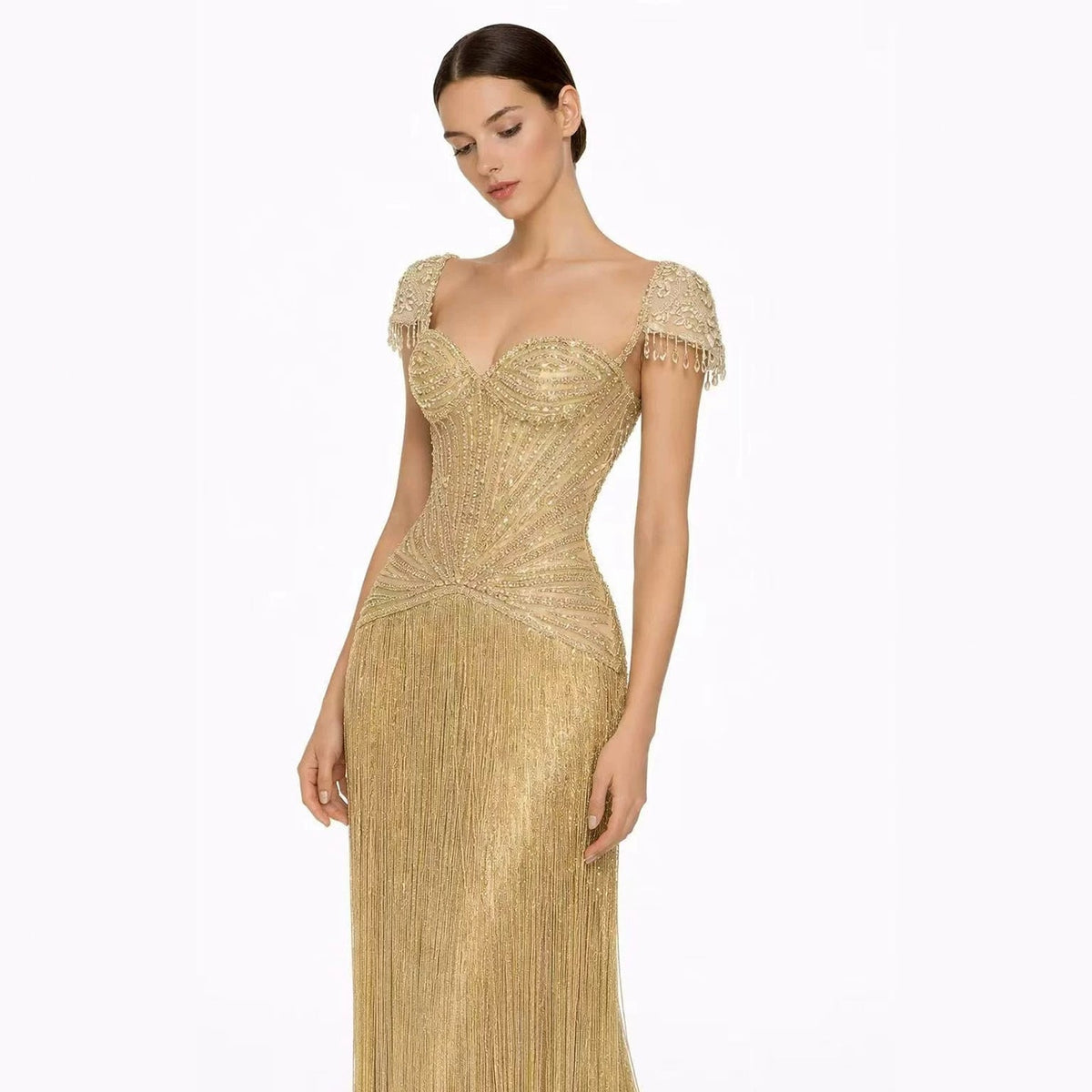Luxury Gold Beaded Tassel Cap Sleeve Evening Dress LA73446A