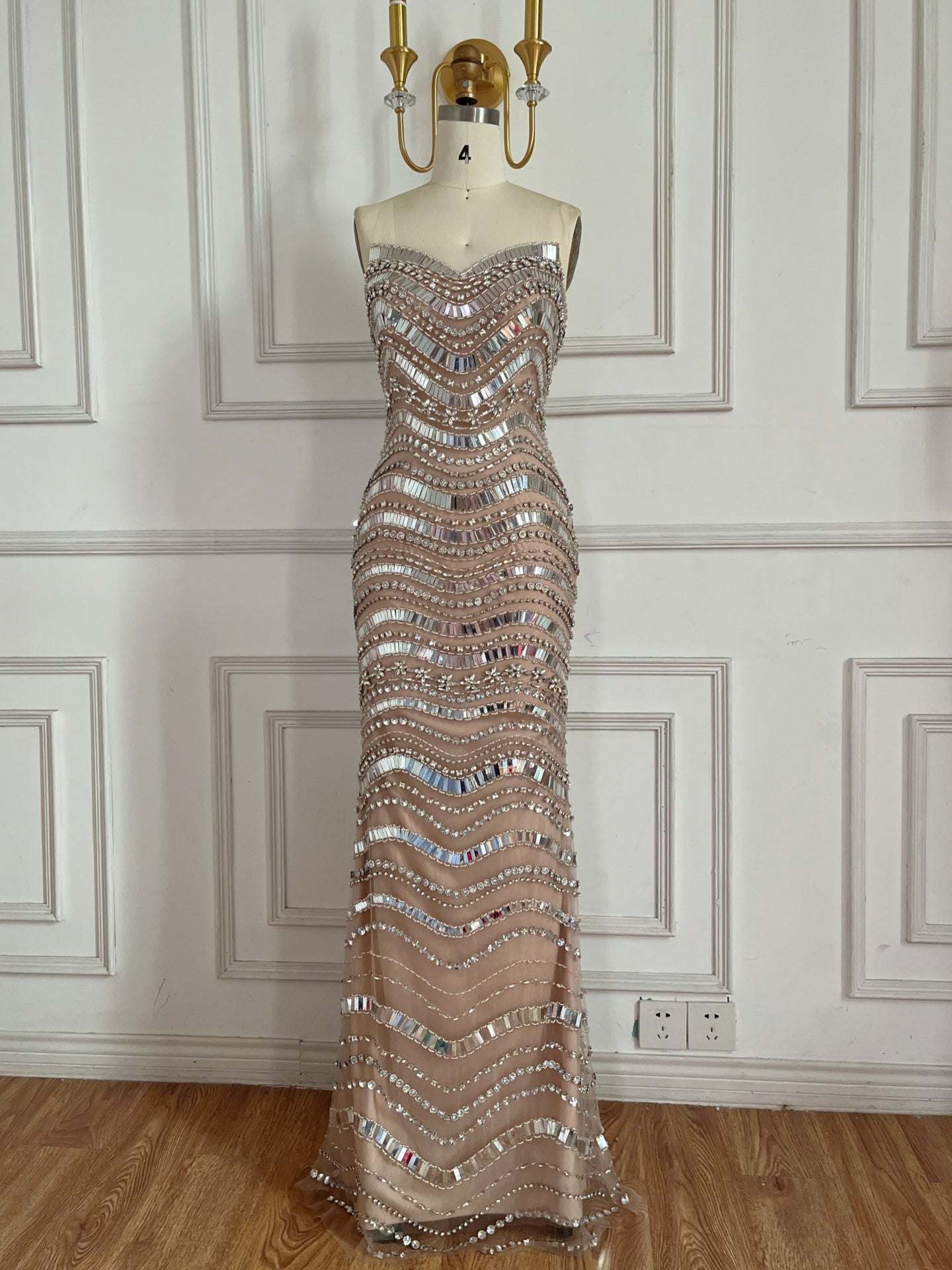 Luxury Silver Nude Beaded Mermaid Evening Dress LA73449