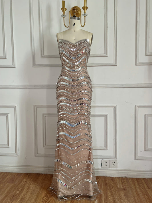 Silver Nude Mirror Beaded Wave Pattern Mermaid Evening Dress LA73449