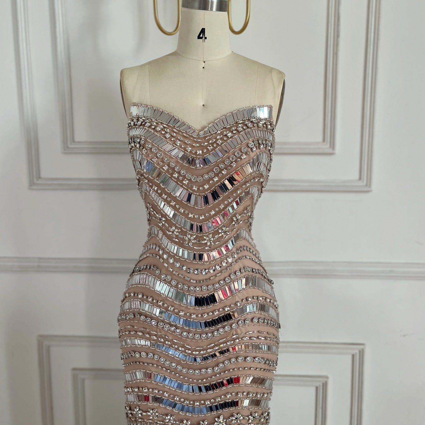 Luxury Silver Nude Beaded Mermaid Evening Dress LA73449