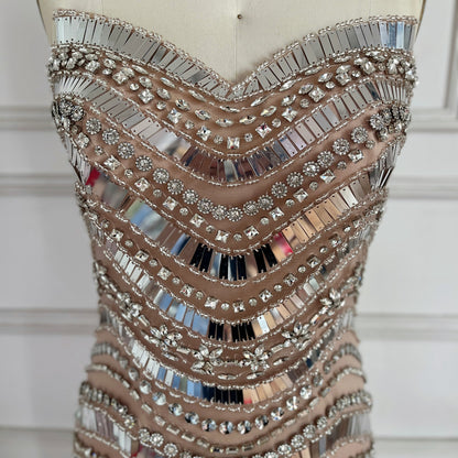 Luxury Silver Nude Beaded Mermaid Evening Dress LA73449