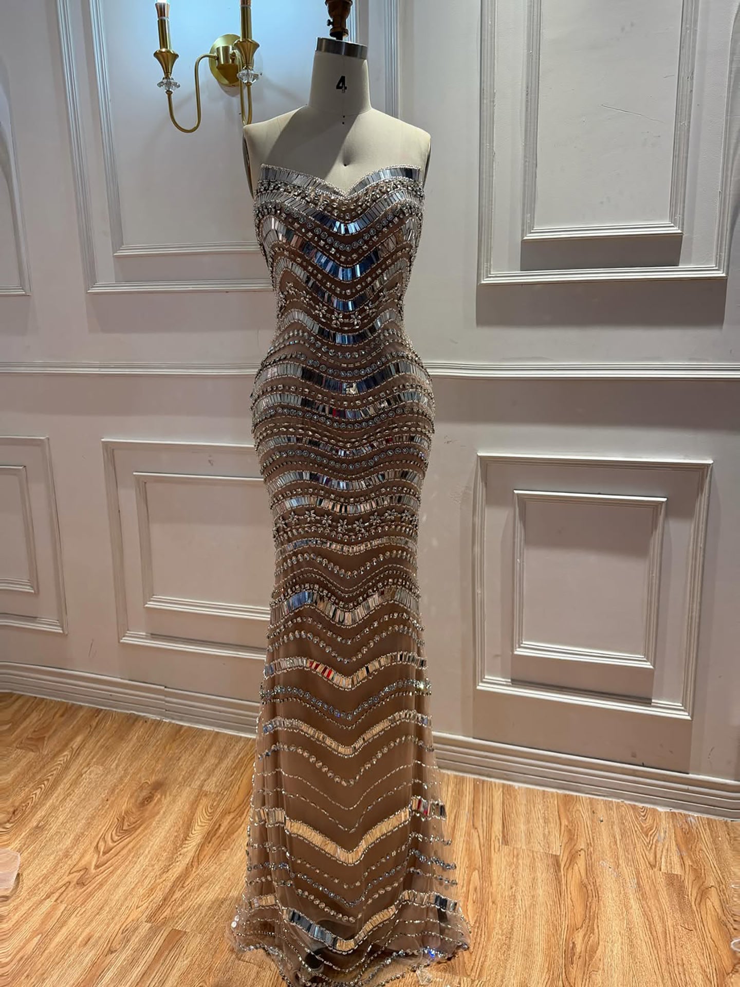 Silver Nude Strapless Beaded Luxury Mermaid Evening Dress LA73449