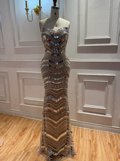 Silver Nude Strapless Beaded Luxury Mermaid Evening Dress LA73449