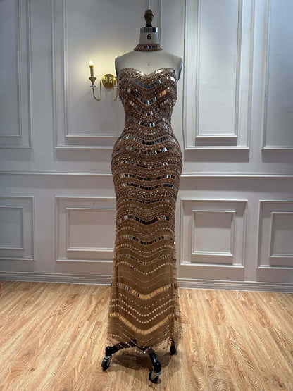Silver Nude Mirror Beaded Wave Pattern Mermaid Evening Dress LA73449