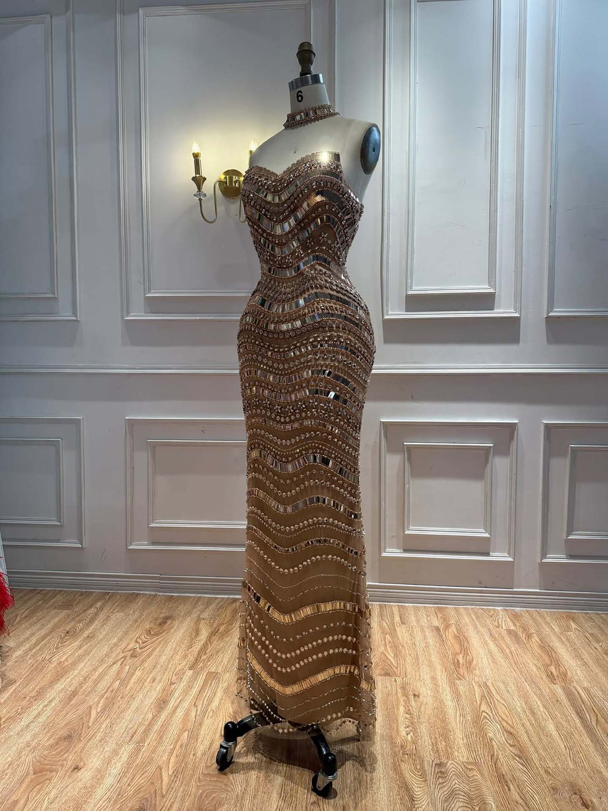Silver Nude Mirror Beaded Wave Pattern Mermaid Evening Dress LA73449