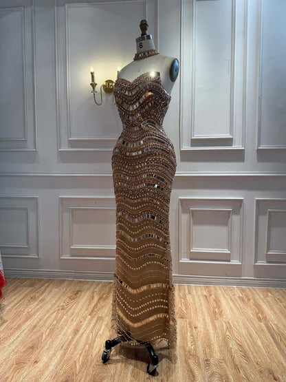 Silver Nude Mirror Beaded Wave Pattern Mermaid Evening Dress LA73449