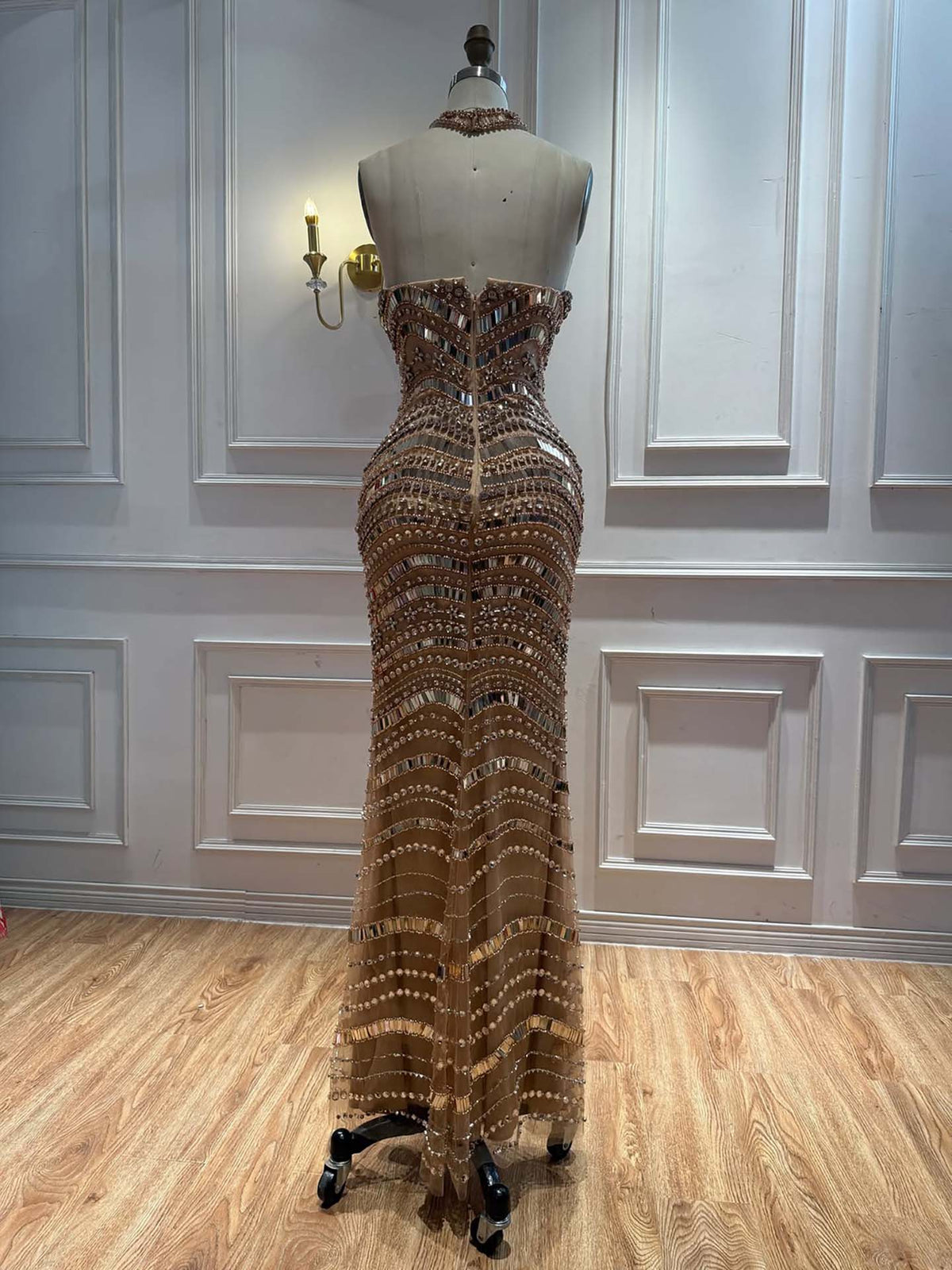 Silver Nude Mirror Beaded Wave Pattern Mermaid Evening Dress LA73449