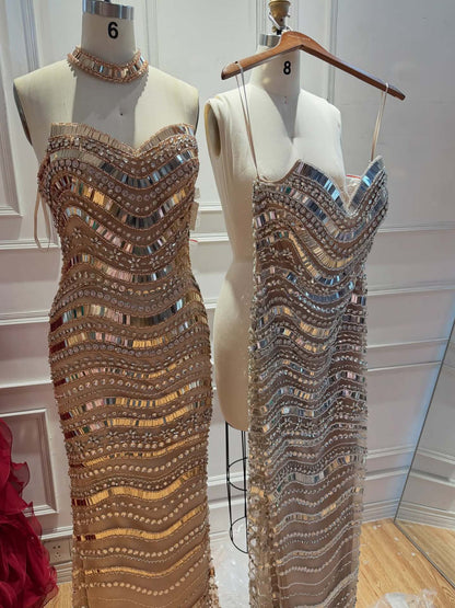 Silver Nude Mirror Beaded Wave Pattern Mermaid Evening Dress LA73449