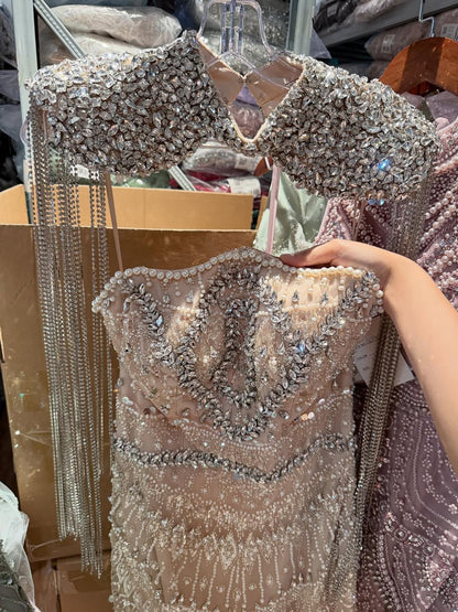 Luxury Nude Crystal Beaded Mermaid Evening Dress with Tassel Cape LA73450A