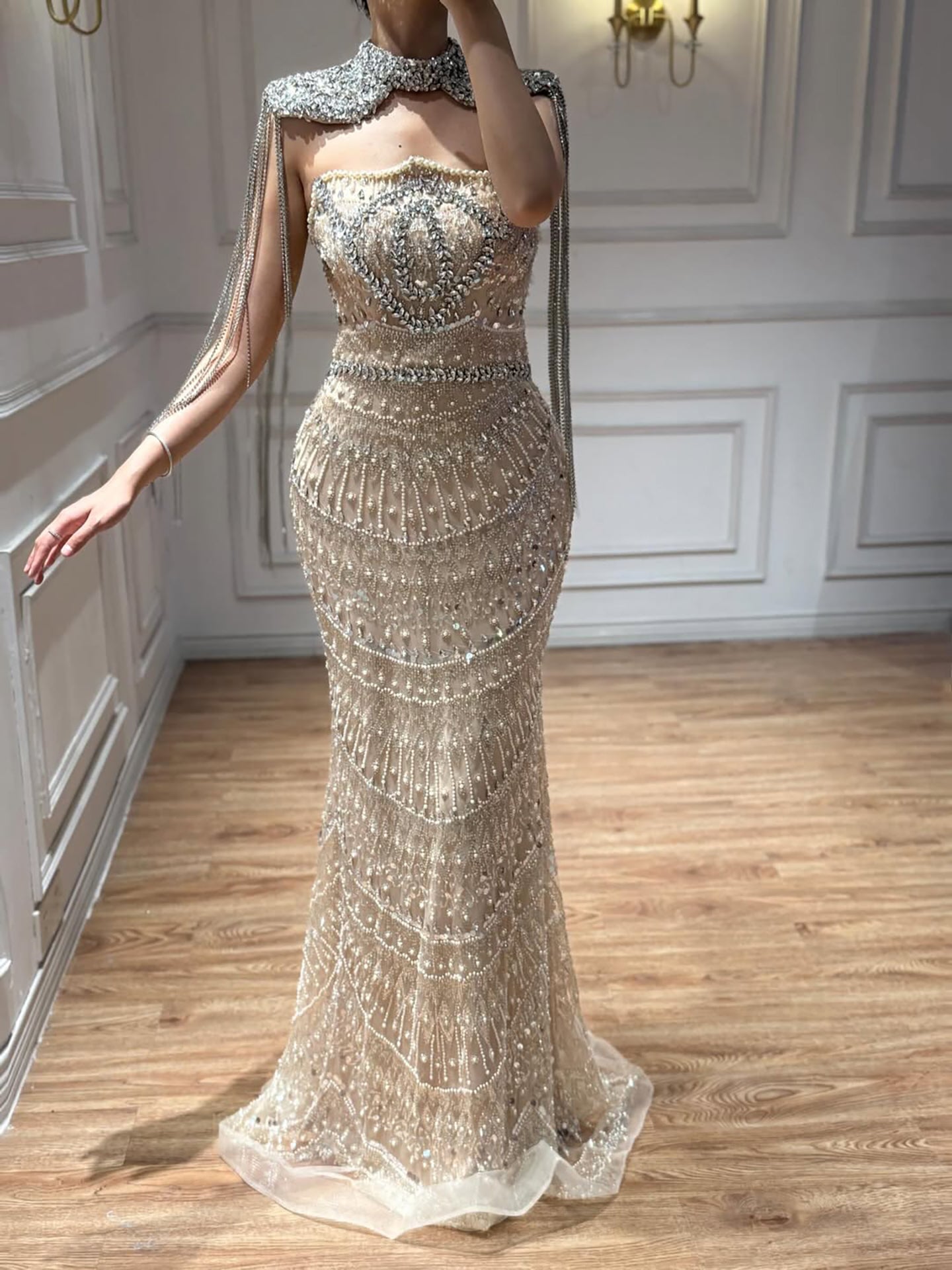 Luxury Nude Crystal Beaded Mermaid Evening Dress with Tassel Cape LA73450A