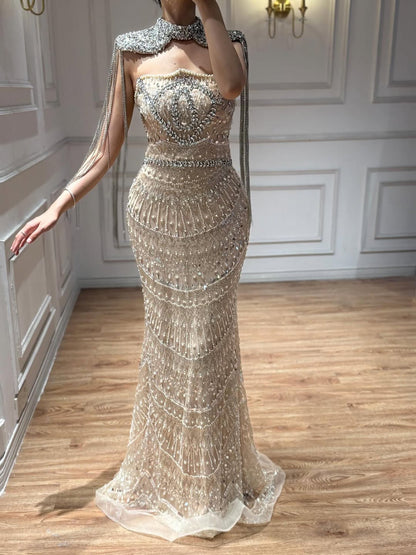 Luxury Nude Crystal Beaded Mermaid Evening Dress with Tassel Cape LA73450A