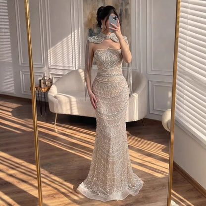 Luxury Nude Crystal Beaded Mermaid Evening Dress with Tassel Cape LA73450A