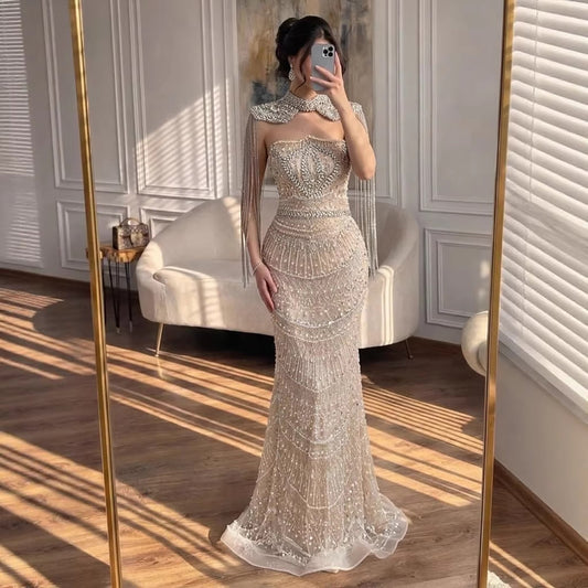 Luxury Nude Crystal Beaded Mermaid Evening Dress with Tassel Cape LA73450A
