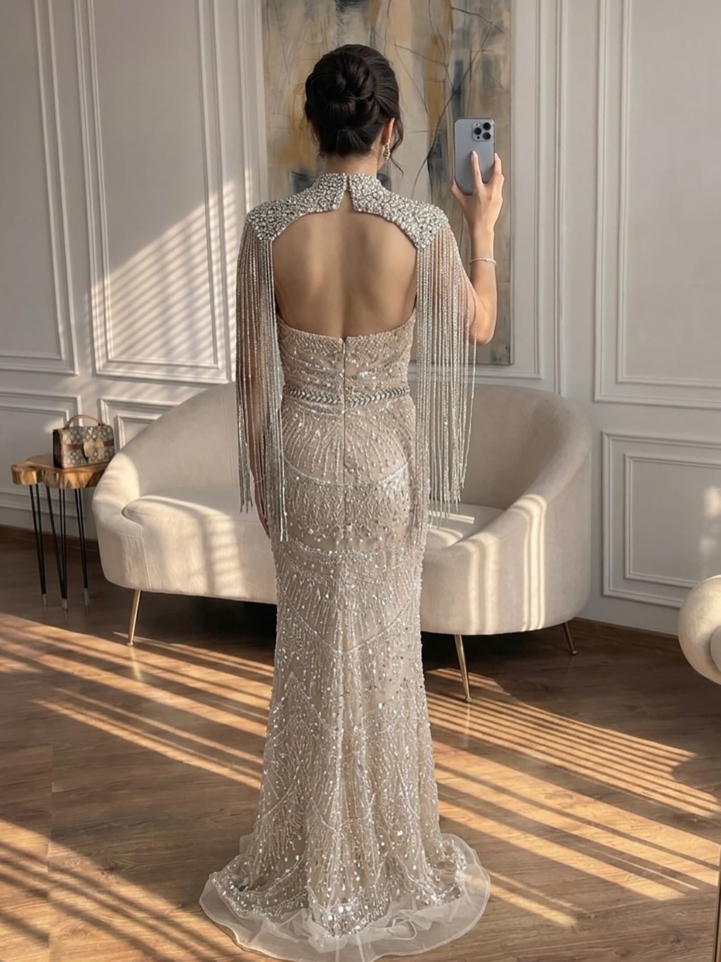 Luxury Nude Crystal Beaded Mermaid Evening Dress with Tassel Cape LA73450A
