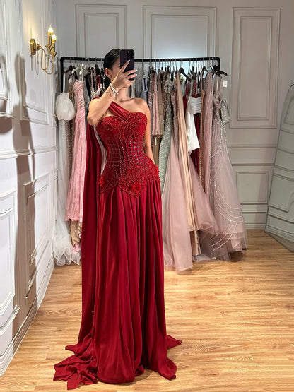 Elegent Pink Floral Beaded Chiffon Evening Dress for Wedding Guest LA73451