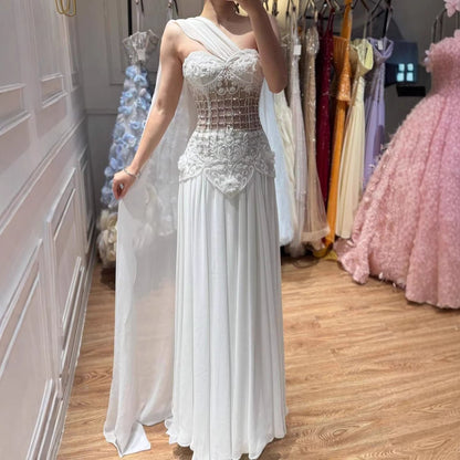 Elegent Pink Floral Beaded Chiffon Evening Dress for Wedding Guest LA73451