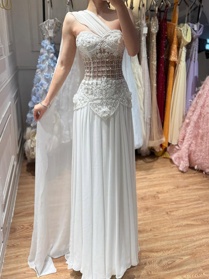 Elegent Pink Floral Beaded Chiffon Evening Dress for Wedding Guest LA73451